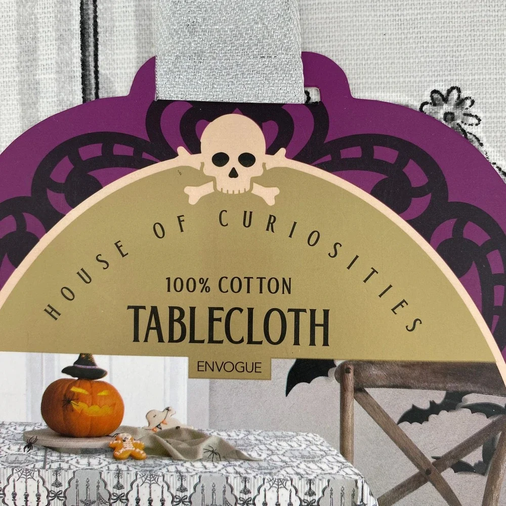 Madame Bones Tablecloth Halloween 60x120 Oblong Grey Gothic Skull Candelabra